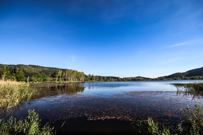 Scenic view of lake against clear blue sky