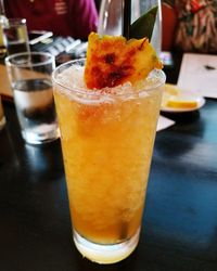 Close-up of beer in glass on table