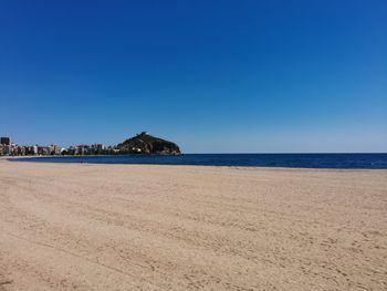 Scenic view of sea against clear blue sky