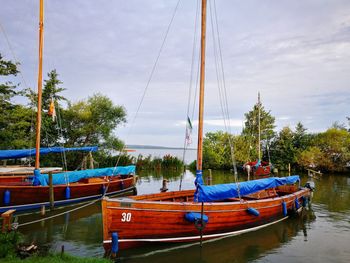 Boats moored by trees against sky