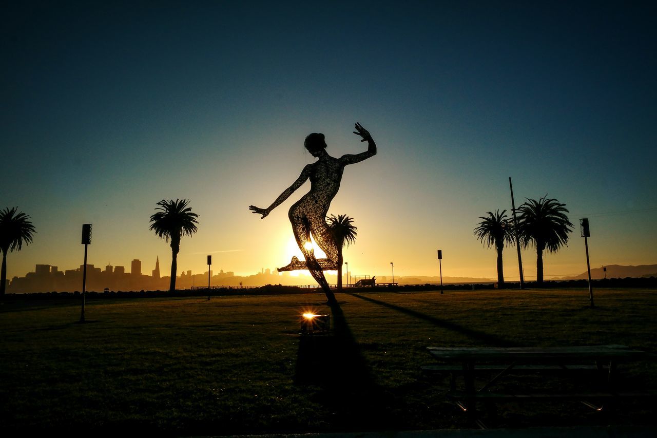 silhouette, leisure activity, clear sky, tree, sunset, men, lifestyles, sport, mid-air, transportation, sky, bicycle, enjoyment, riding, copy space, motion, skill, full length