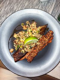 High angle view of food served in plate