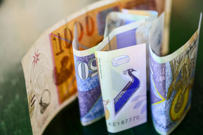 High angle view of paper currency on table