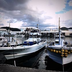 Boats moored at harbor against sky