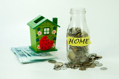 Close-up of coins against white background