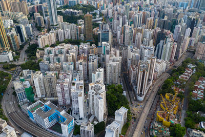 High angle view of modern buildings in city