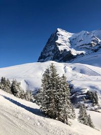 Scenic view of snow covered mountains against clear blue sky
