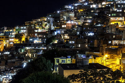 High angle view of illuminated cityscape against sky at night