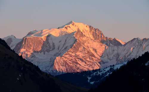 Scenic view of snowcapped mountains against clear sky