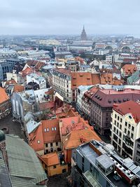 Riga panoramic rooftop view of historic and modern houses. urban geometry. old town