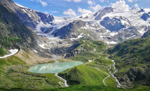 Scenic view of snowcapped mountains against sky