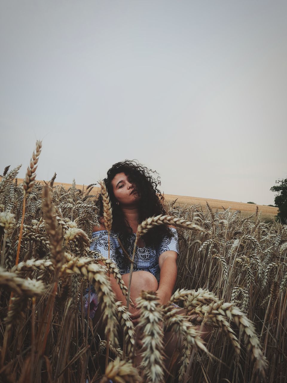 one person, plant, adult, land, agriculture, sky, crop, rural scene, nature, landscape, field, young adult, cereal plant, women, copy space, hairstyle, long hair, portrait, farm, environment, looking, brown hair, day, wheat, growth, outdoors, three quarter length, tranquility, casual clothing, clothing, straw, leisure activity, smiling, lifestyles, standing, harvest, front view, harvesting, waist up, looking at camera, clear sky, summer, beauty in nature, fashion, contemplation, relaxation, emotion, hay, corn