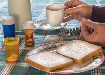 High angle view of breakfast served on table