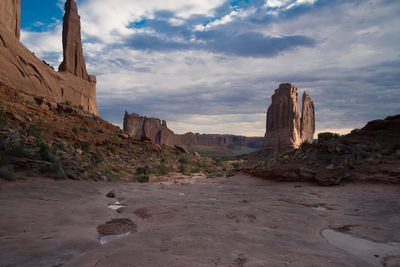 Rock formations on landscape against sky