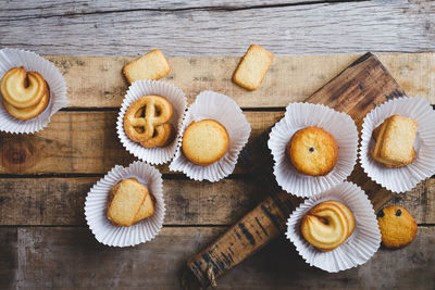 High angle view of cupcakes on table