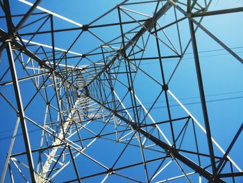 Low angle view of electricity pylon against clear blue sky