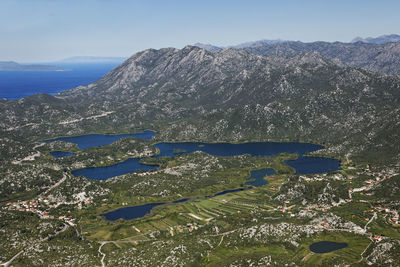 Aerial view of sea and mountains against sky