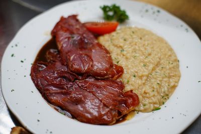 High angle view of breakfast in plate