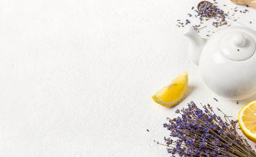 High angle view of white candies on table