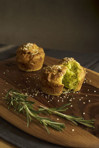 Close-up of muffin on cutting board