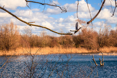 Scenic view of lake against cloudy sky