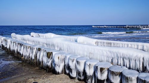 Panoramic shot of sea against clear blue sky