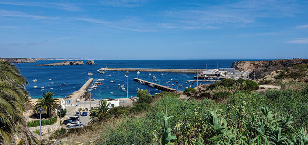 High angle view of sea against blue sky