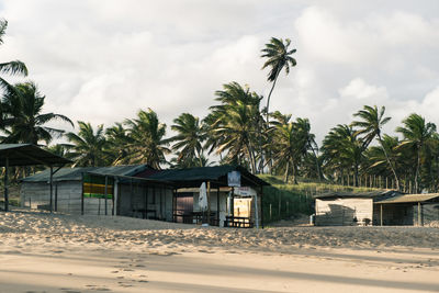 House by palm trees on beach against sky