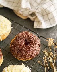 High angle view of donuts