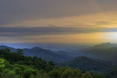 Scenic view of mountains against sky during sunset