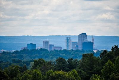 Trees and buildings in city against sky