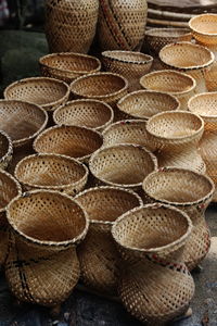 High angle view of wicker baskets for sale at market