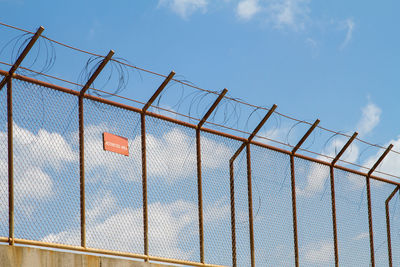 Low angle view of chainlink fence against sky