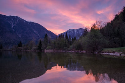 Scenic view of lake and mountains against sky at sunset