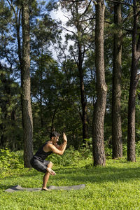 Young man, doing yoga or reiki, in the forest very green vegetation, in mexico, guadalajara, bosque