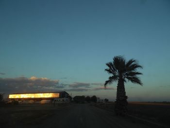 Empty road along silhouette trees at sunset