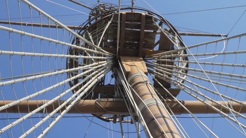 Low angle view of rigging and mast of vintage sailing ship