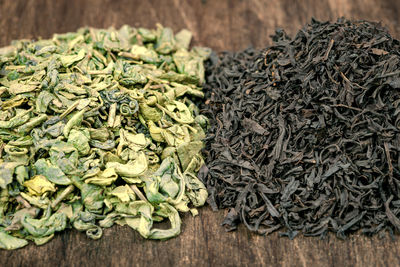 Close-up of dry herbs on wooden table