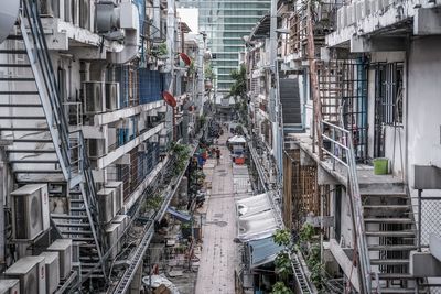 High angle view of street amidst buildings