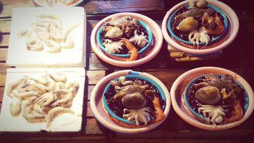 High angle view of meal served on table