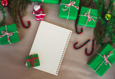 High angle view of christmas decoration on table