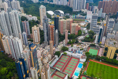 High angle view of street amidst buildings in city