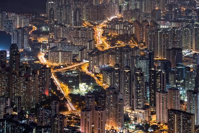 High angle view of illuminated cityscape