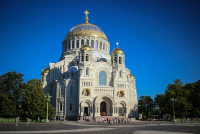 Facade of cathedral against clear blue sky