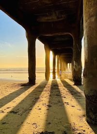 Silhouette of bridge on beach against sky during sunset