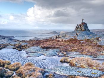 T aerial sea view from linesfjellet summit in norway, islands scandinavian nature. spring hike trail
