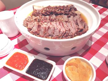 High angle view of meal served on table