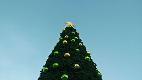 Low angle view of christmas tree against clear blue sky