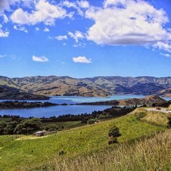 Scenic view of lake against cloudy sky