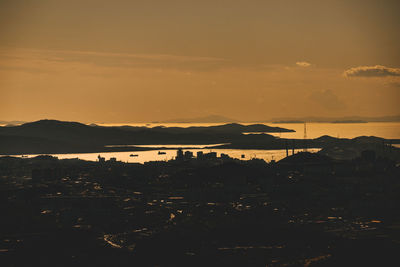 High angle view of townscape against sky during sunset